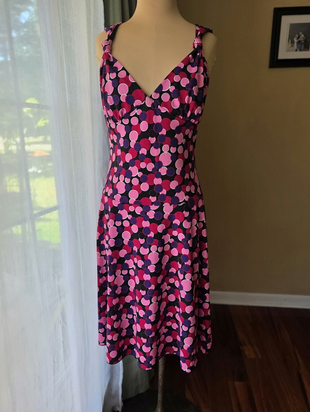 Bisou Bisou Vintage Y2K Polka Dot Dress Pink Purple V-Neck Knot Detail Size 6 - Picture 2 of 10